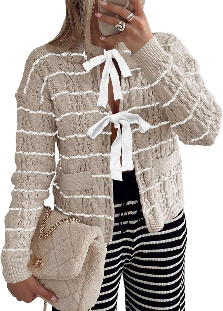 Saodimallsu Womens Striped Tie Front Cardigan Sweaters Crew Neck Long Sleeve Cable Knit Bow Knot ... | Amazon (US)