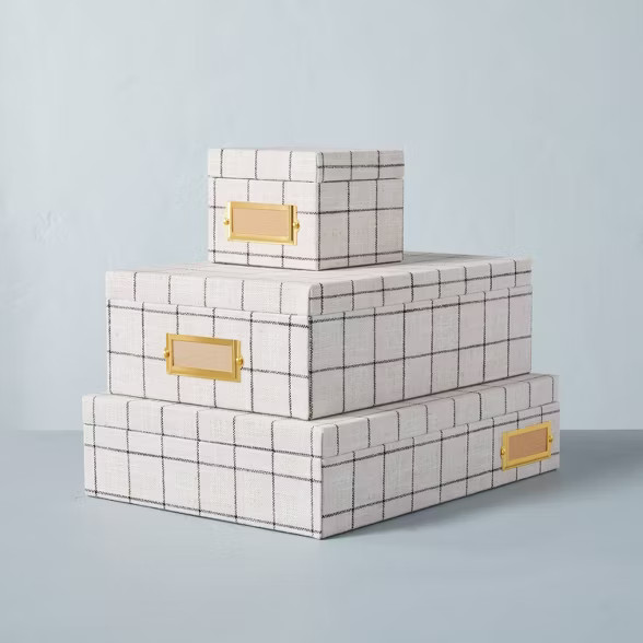 Grid Pattern Fabric Storage Box with Metal Label Holder Cream/Gray - Hearth & Hand™ with Magnolia | Target