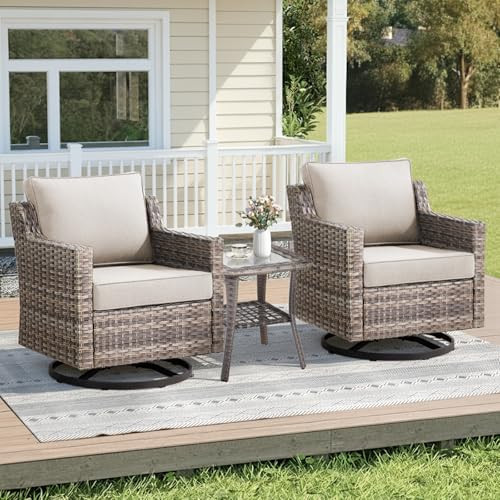 AMCLOBA 3 Pieces Patio Furniture Set-High Back Swivel Patio Chairs Set of 2 with Outdoor Side Table Patio Table and Chairs Set for Porch Deck Balcony Garden Grey/Beige | Amazon (US)