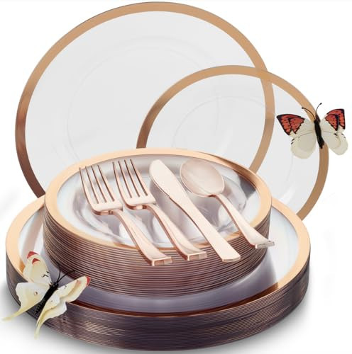 By Madee HEAVYWEIGHT 150 Pc Clear Rose Gold Party Plates and Utensils Set – Fancy Disposable Dinnerware Set with Gift of 3D Butterfly for Table Decor – Perfect as Bridal Shower Plates (25 Guests) | Amazon (US)