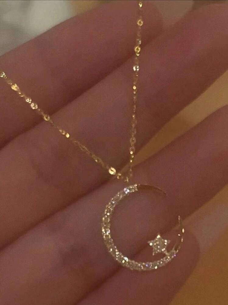 1pc Elegant Rhinestone Studded Star & Moon Necklace, Minimalist Dainty Clavicle Chain For Women, Suitable For Party & Gift | SHEIN