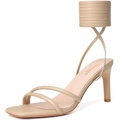 RIBONGZ Nude Strappy Heels for Women Square Open Toe Tie Up Sandals Ankle Strap Lace Up Stiletto High Heels Sexy for Wedding Prom Party Comfort Dress Shoes 11 | Amazon (US)