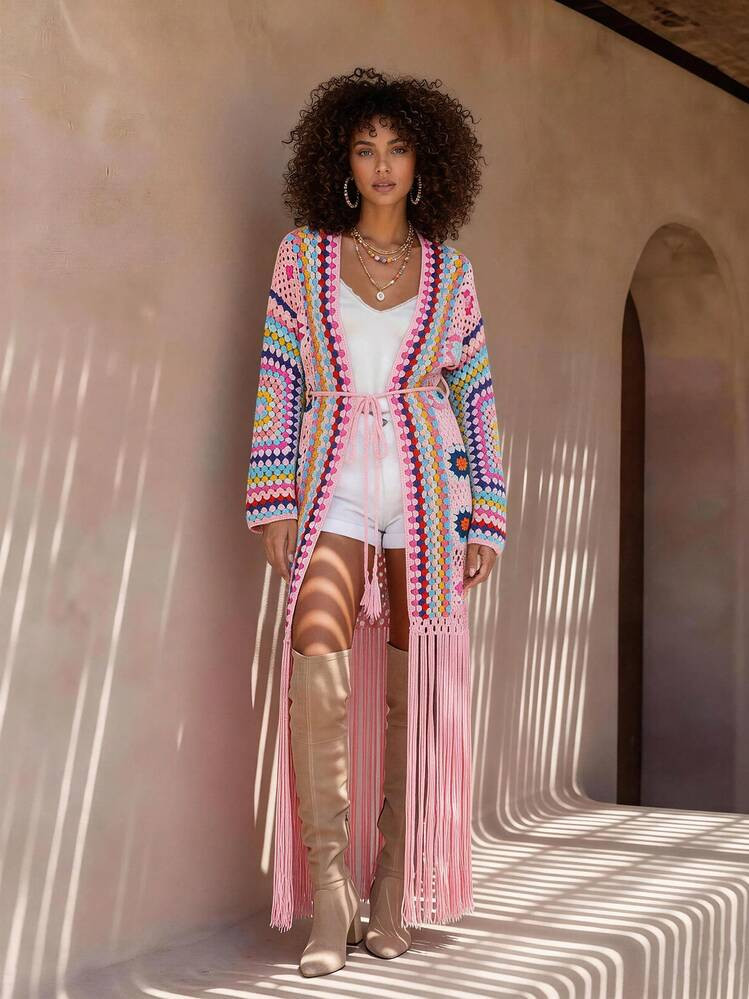 Bohemian Style Fringed Long Crochet Dress, 2026 Spring/Summer Sexy Hollow Out Self-Tie Waist Bikini Beach Cover Up For Women | SHEIN