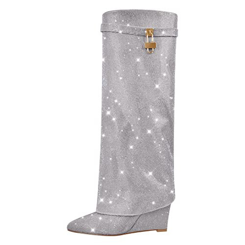 Richealnana Women's Rhinestones Pointed Toe Wedge Boots Knee High Fold Over Boots Sparkly Crystals High Heel For Party Prom Dance Closed Toe Wedge Heel Long Boots Silver US 6 | Amazon (US)