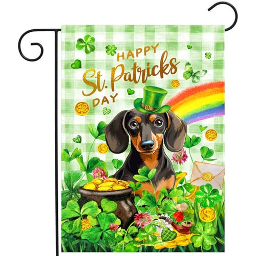 Dachshund St Patricks Day Garden Flag Dog St Patrick's Day Yard Flags for Outside 12x18 Double Sided Buffalo Plaid Shamrock Flag Small Outdoor Rainbow St Patrick's Decor | Amazon (US)