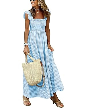 chouyatou Women's Retro Plaid Smocked Dress Spaghetti Strap Flounce Long Dress | Amazon (US)