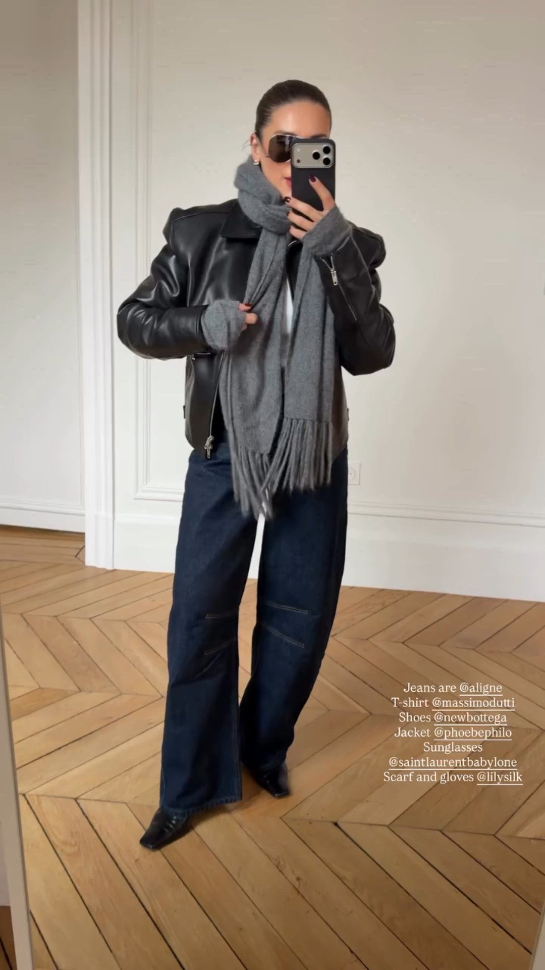 Jeans are @aligne 
T-shirt @massimodutti 
Shoes @newbottega 
Jacket @phoebephilo 
Sunglasses @saintlaurentbabylone 
Scarf and gloves @lilysilk