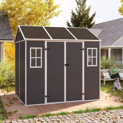 8*7Ft Outdoor Storage Shed, Outdoor Resin Shed With Two-Window And Double-Door, Plastic Shed With Floor For Garden, Patio, Yard, Lawn (Dark Gray) | Wayfair North America
