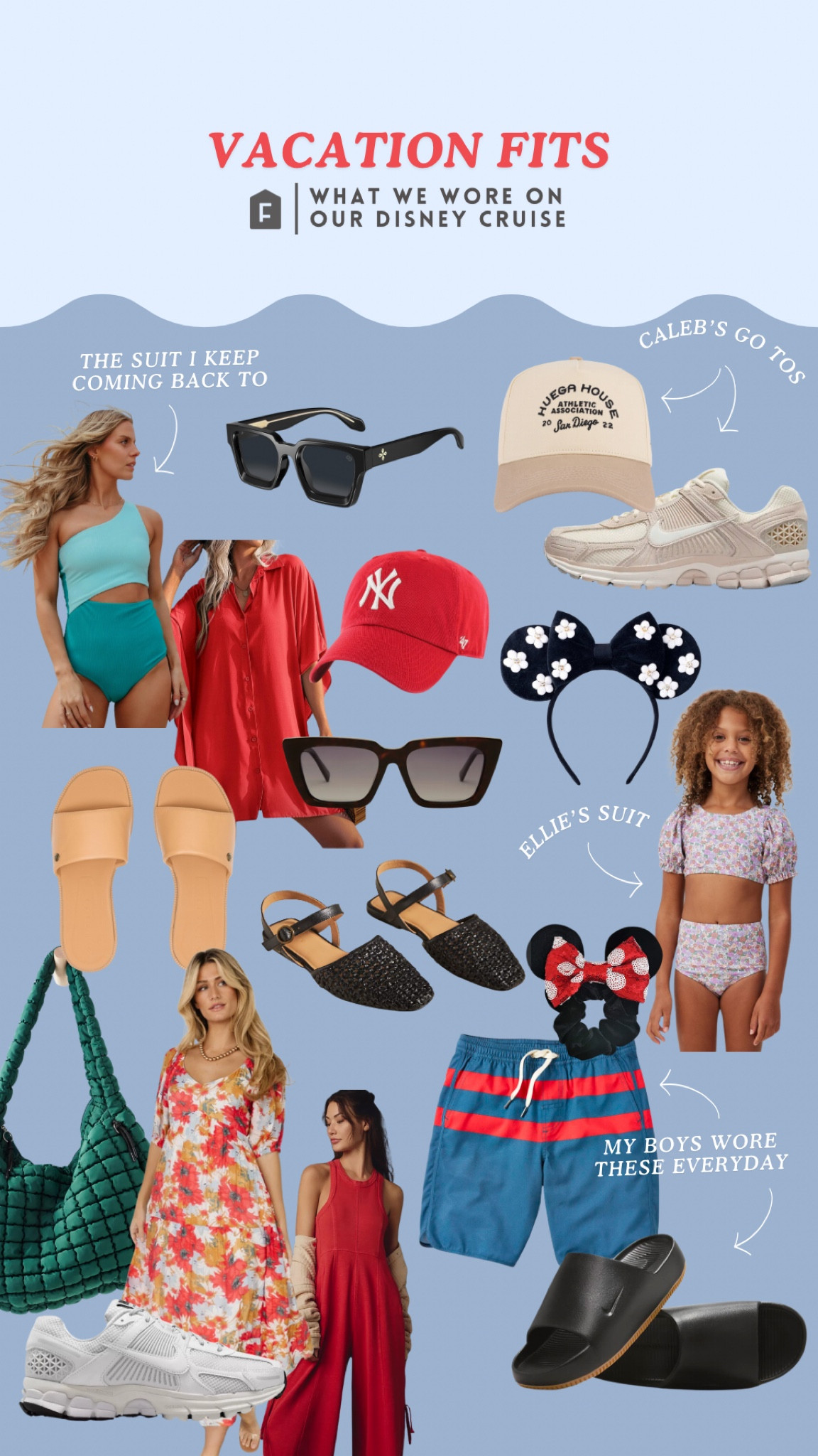 What we wore on our Disney Cruise. My two favorite sunglasses, the one from Amazon looks way more expensive than it  is. Ellie’s suit is on major sale.  We both took these sneakers for traveling in and the gym, they are the best!
