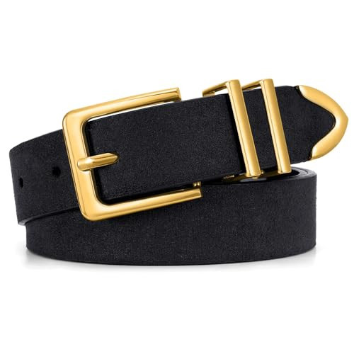 WHIPPY Women Suede Belt with Gold Buckle Fashion Ladies Casual Waist Belt for Jeans Pants, Black Retro-Gold M | Amazon (US)