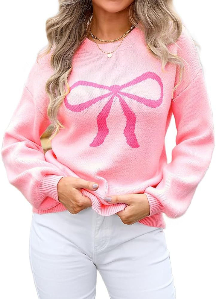 Womens Knitted Pullover Bow Sweater Long Sleeve Crewneck Y2k Casual Bow Top | Amazon (US)
