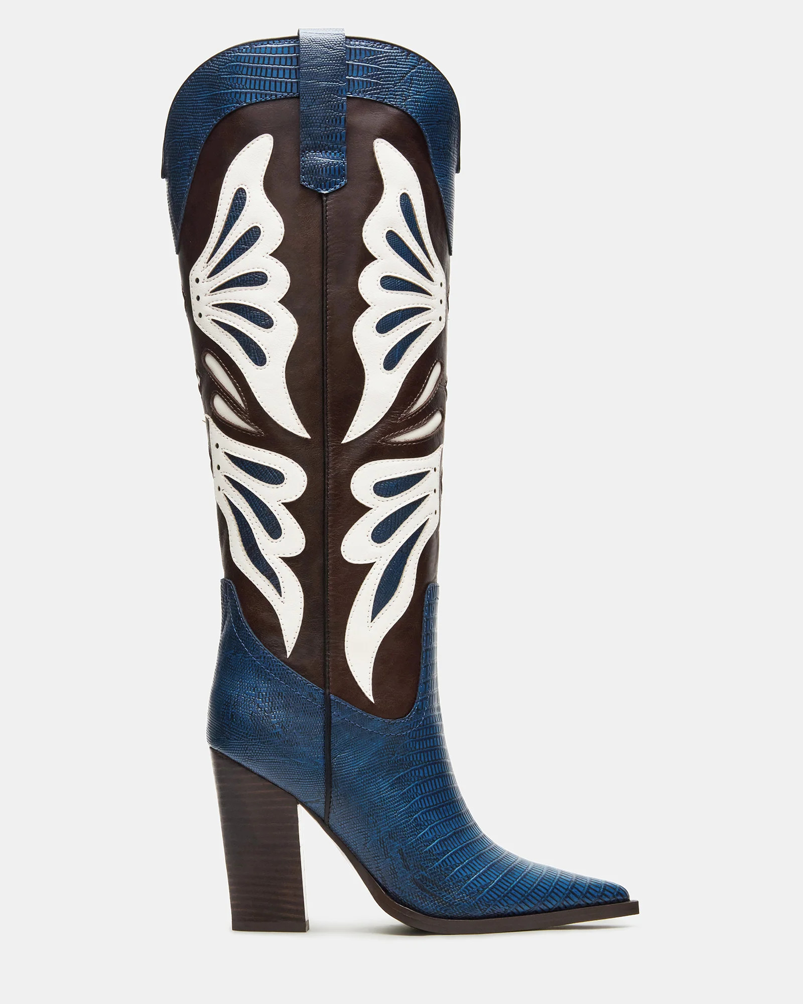 KAZ Blue/White Pointed-Toe Knee-High Block Heel Western Women's Boot | Steve Madden (US)