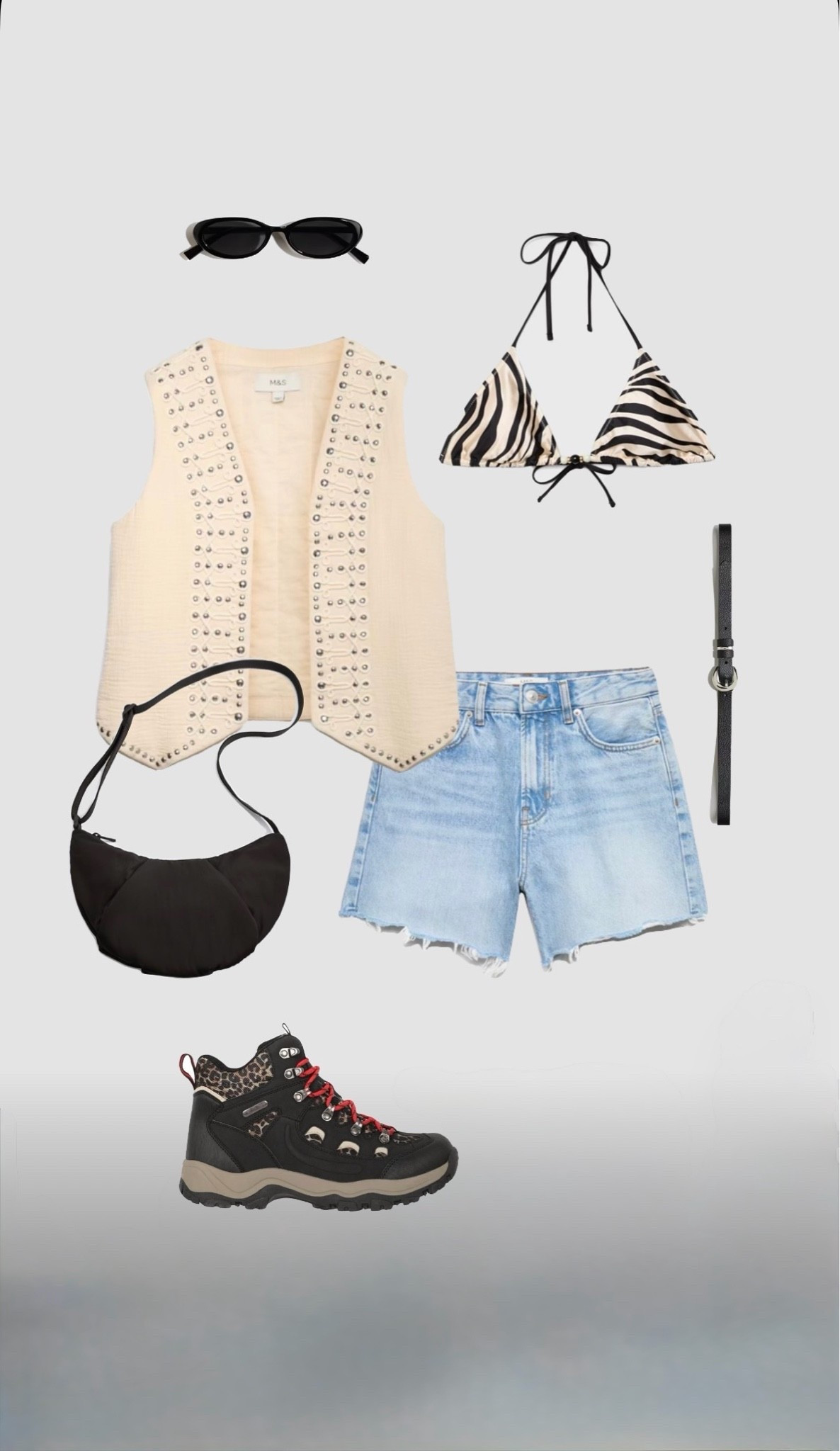 Summer music festival outfit 

• walking boots comfy shoes festival outfits uk concert outfit reading Leeds board masters bst Hyde park rave party outfits 2026 blue denim high waisted shorts black crossbody bag buckle belt studded stud cream beige waistcoat gilet zebra print bikini top Ibiza rocks •

#LTKfestival #LTKsummer #LTKuk