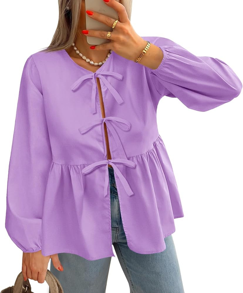 Tankaneo Womens Tie Front Tops Blouses Long Puff Sleeve Peplum Babydoll Bow Shirt Summer Coquette... | Amazon (US)