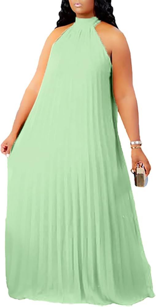Aro Lora Womens Casual Sleeveless Plus Size Chiffon Halter Neck Pleated Loose Long Maxi Dress | Amazon (US)