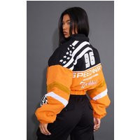 Orange Cropped Oversized Graphic Zipped Racer Bomber Jacket | PrettyLittleThing US