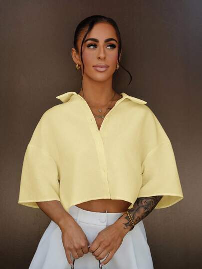 SAYEHFBABY Yellow Woven Cropped Blouse For Women | SHEIN