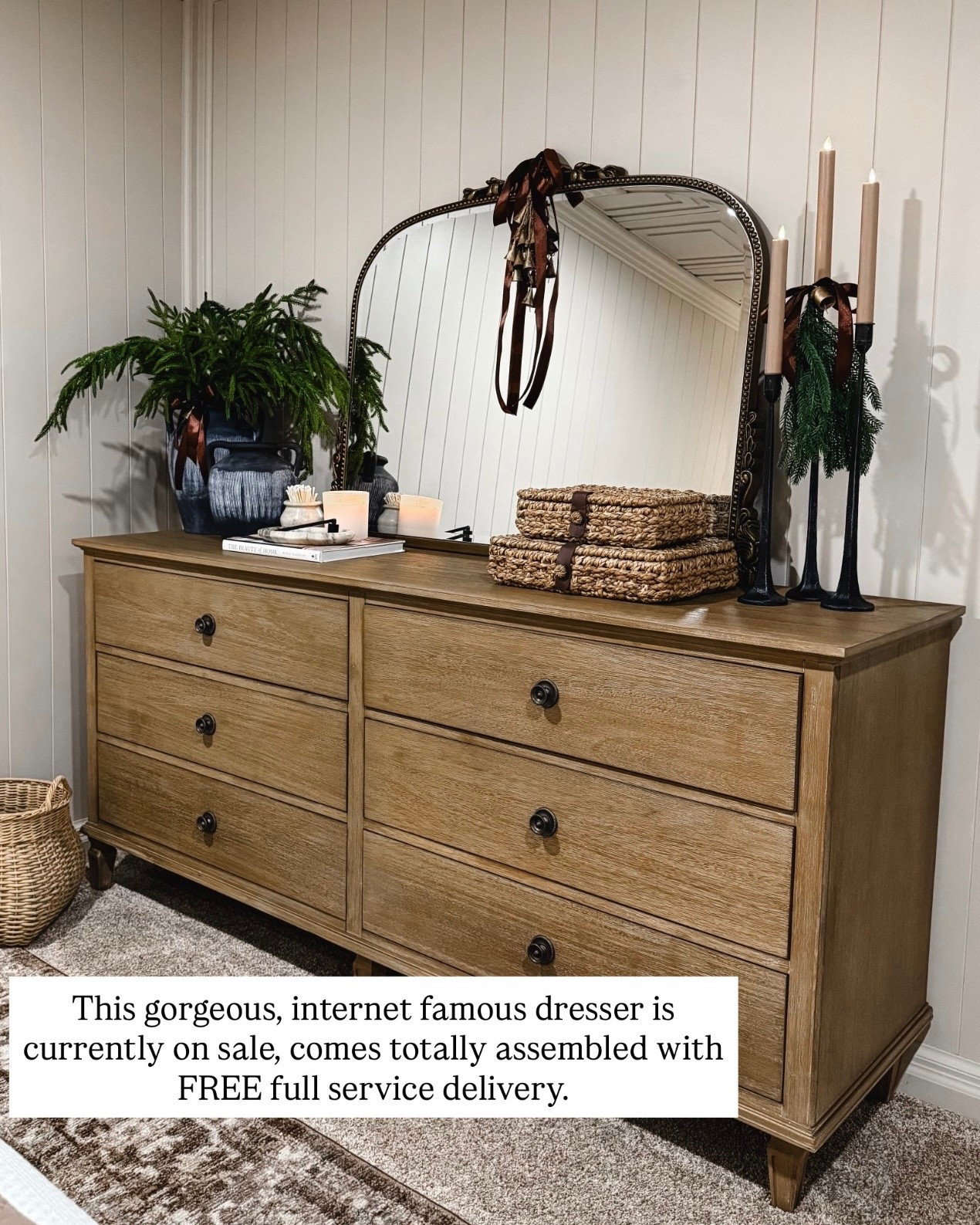 Solid Wood Dresser with Free White Glove Delivery

This internet-famous solid wood dresser is one of those anchor pieces that instantly elevates a bedroom. The warm wood tone, clean lines, and substantial scale give it that timeless, high-end look while still feeling cozy and livable. It arrives fully assembled with free full-service delivery, which makes it an easy win if you want a statement dresser without the hassle. Perfect for bedrooms, guest rooms, or even a large hallway where you need beautiful storage that feels intentional and elevated.

Follow @farmtotablecreations on Instagram for more timeless home finds and sales I truly love.

#dresser #bedroomdresser #bedroomfurniture #solidwoodfurniture #storagefurniture #bedroomdecor #neutralhome #woodfurniture #LTKhome #LTKsale

#LTKFindsUnder50 #LTKSaleAlert #LTKHome