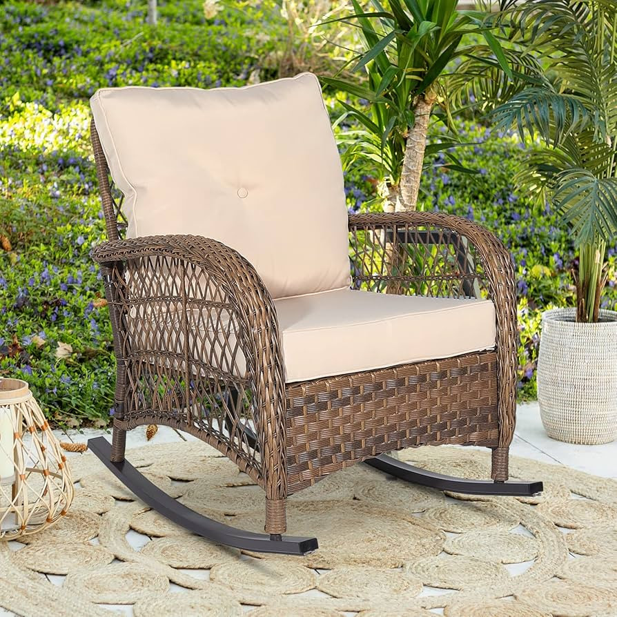 Outdoor Wicker Rocking Chair with Thickened Cushions, All-Weather Rattan Patio Rocking Chairs, Ro... | Amazon (US)