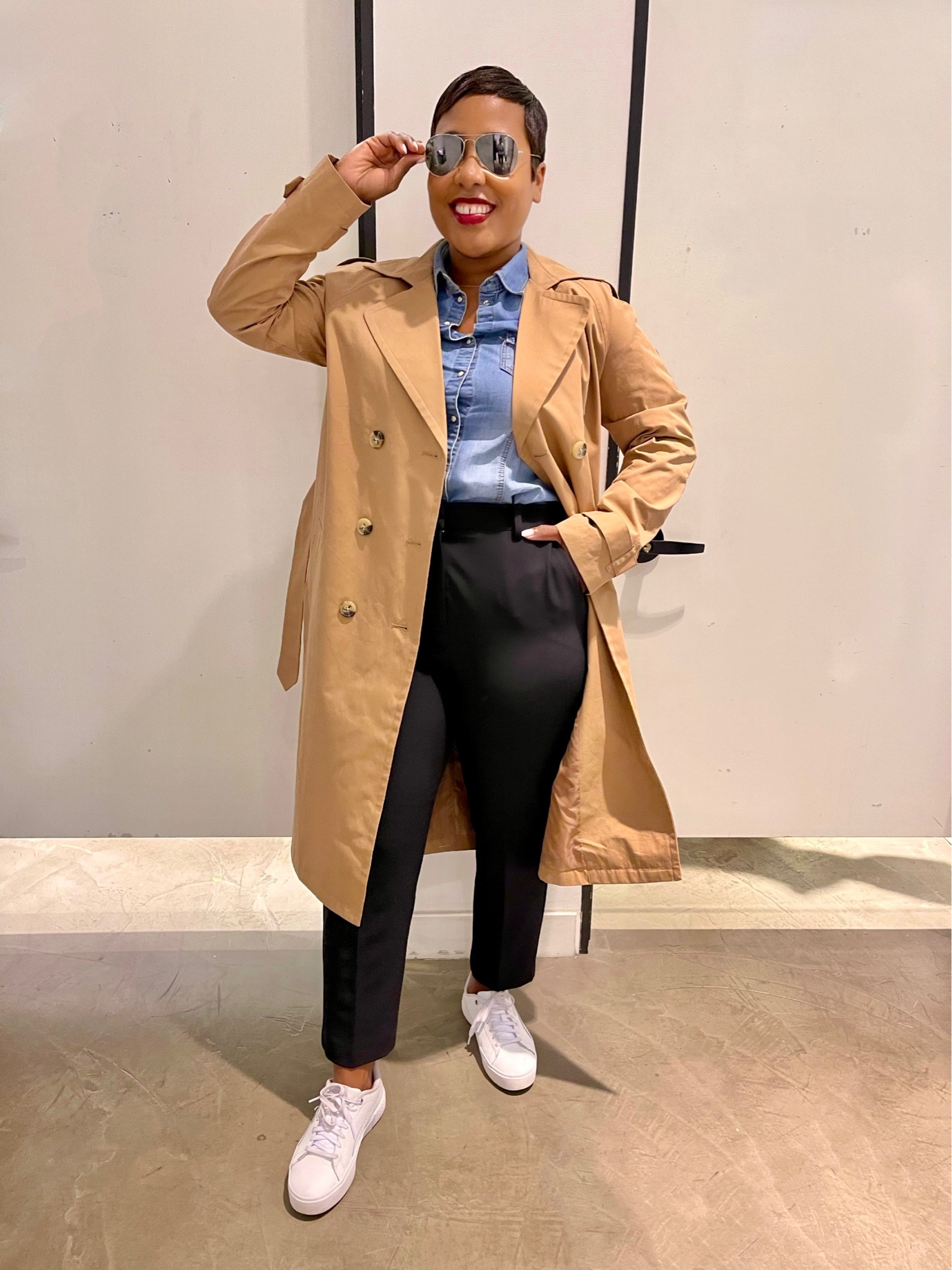 Black High waist ankle pants camel trench coat denim shirt white sneakers #fallstyle #casualoutfit pants on sale now nearly 1/2 off! 

#LTKsalealert #LTKstyletip #LTKSeasonal