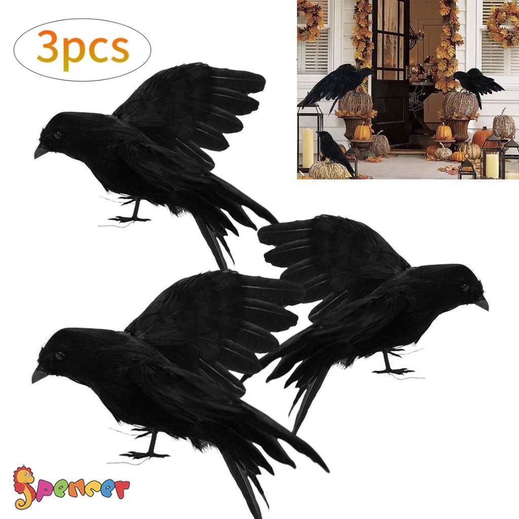 Spencer 3Pack Halloween Realistic Handmade Crow Prop Black Feathered Small Raven Crow Spooky Part... | Walmart (US)