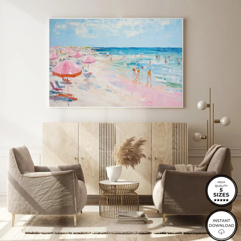 Preppy Room Decor, Retro Coastal Art, Girly Wall Art, Vintage Beach Print, Abstract Coastal Paint... | Etsy (US)