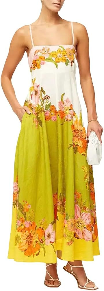 Women's Summer Casual Boho Sundress Spaghetti Strap Square Neck Maxi Dresses A Line Beach Long Dr... | Amazon (US)