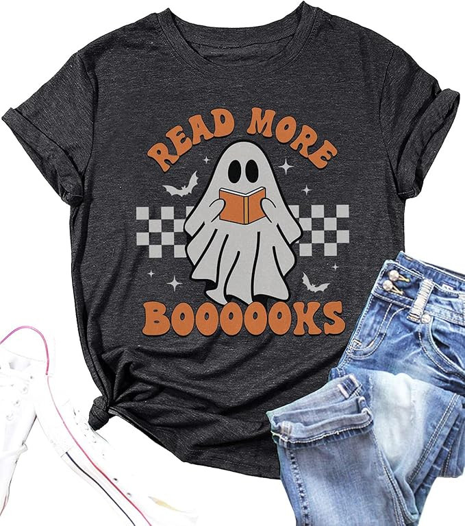 Teacher Halloween Shirt Women Read More Books T-Shirt Spooky Teacher Ghost Tees Short Sleeve Hall... | Amazon (US)