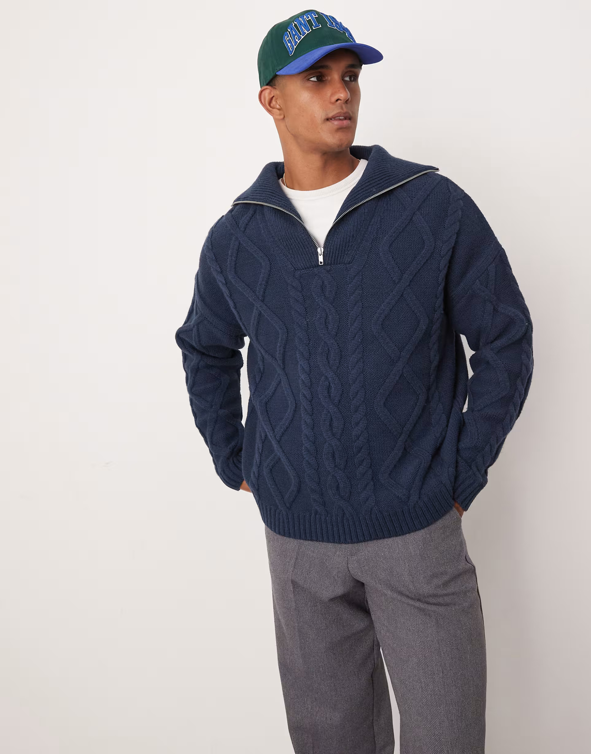 ASOS DESIGN oversized heavyweight knitted wool mix cable quarter zip jumper in navy | ASOS (Global)
