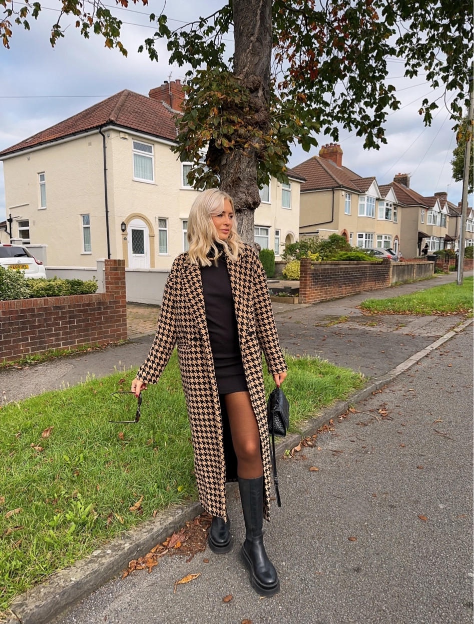 Autumn winter style, Autumn winter fashion, tights, black chunky knee high boots, dogtooth coat, black
Mini dress 

#LTKSeasonal #LTKstyletip #LTKeurope