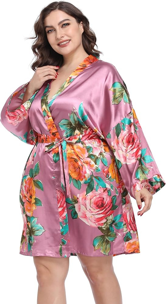 Women's Plus Size Floral Silky Robes Bride Bridesmaid Short Satin Bathrobe Kimono Loungewear Dres... | Amazon (US)