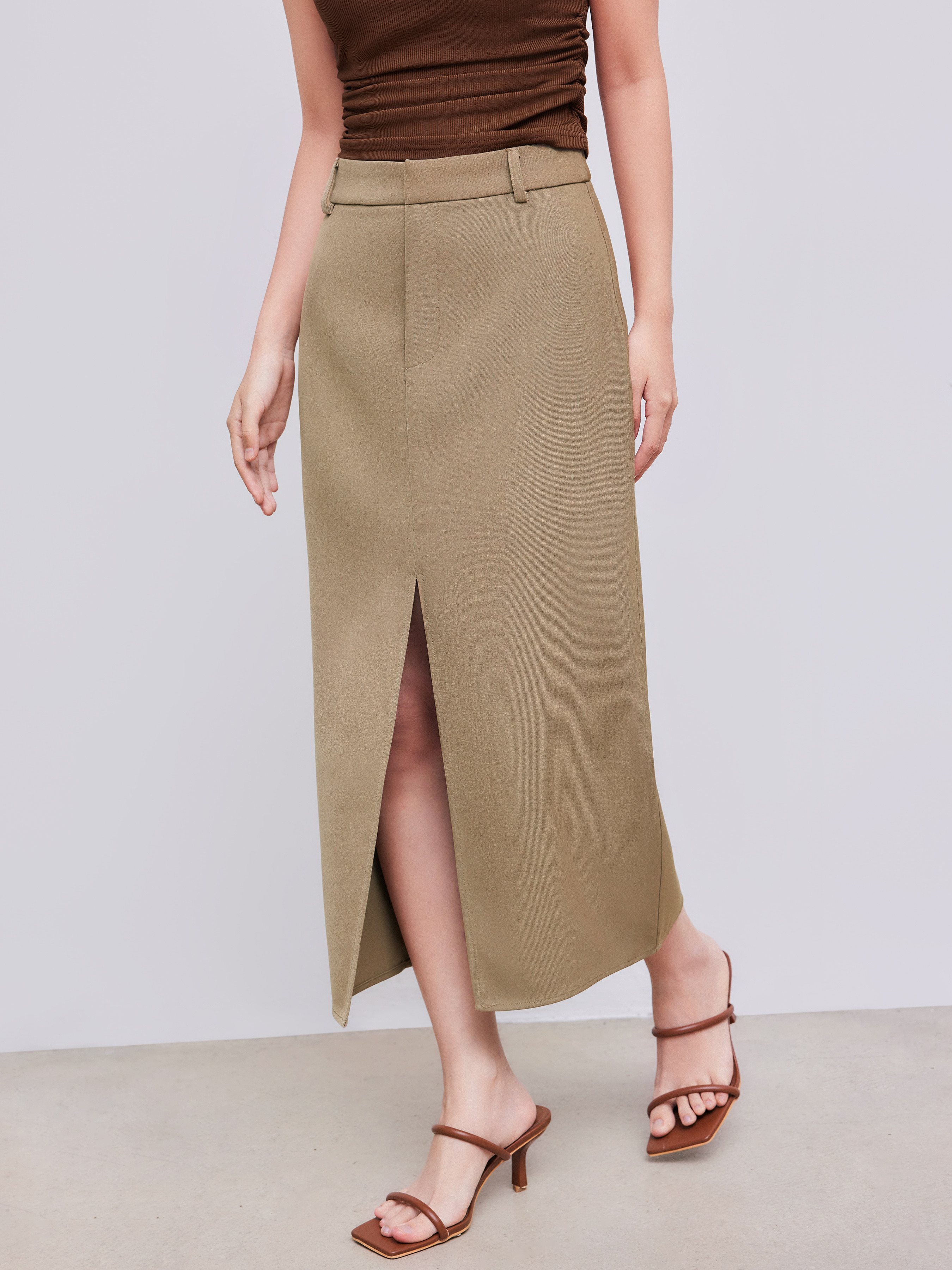 Office Siren Long Skirts Woven Solid High Waist Split Maxi Skirt For School Work | Cider