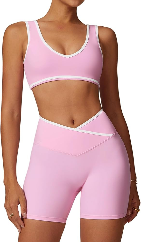 Two Piece Workout Sets for Women Color Block Sports Bra and Scrunch Butt Lifting Shorts Gym Yoga ... | Amazon (US)