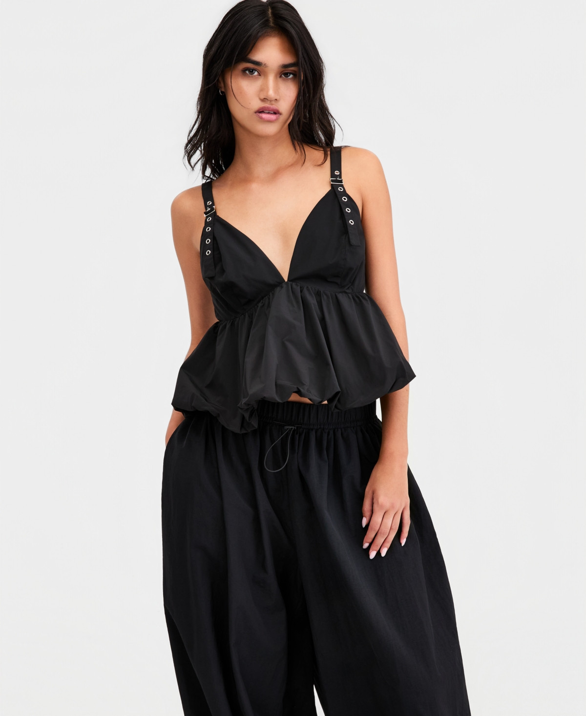 Bar Iii Women's Nylon Peplum Bubble Top, Macy's Exclusive - Black | Macy's