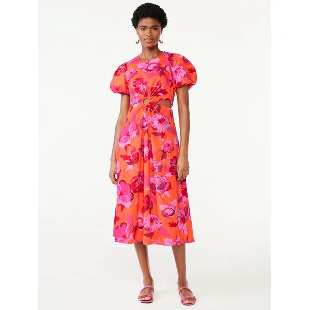 Scoop Women's Cut Out Midi Dress with Puff Sleeves, Sizes XS-XXL | Walmart (US)