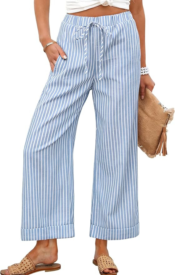 Tanming Womens Wide Leg Pants Elastic Waist Striped Palazzo Pants with Pockets Casual Lounge Trou... | Amazon (US)