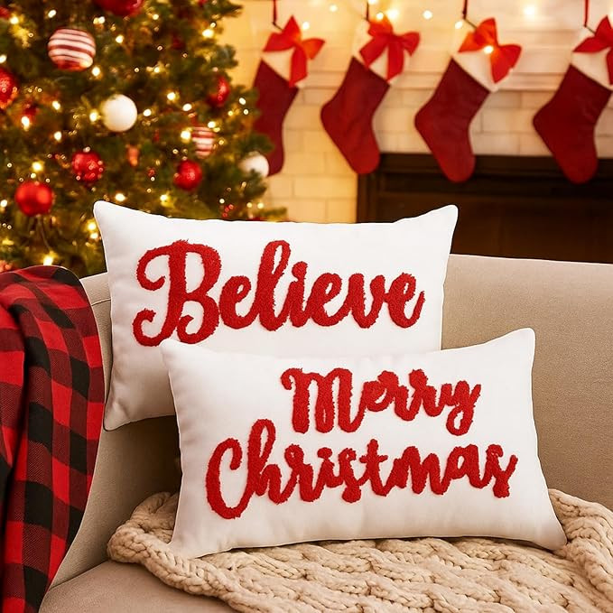 Jetec Set of 2 Christmas Throw Pillow Covers 12x20 Inch Merry Christmas Believe Embroidery Pillow... | Amazon (US)