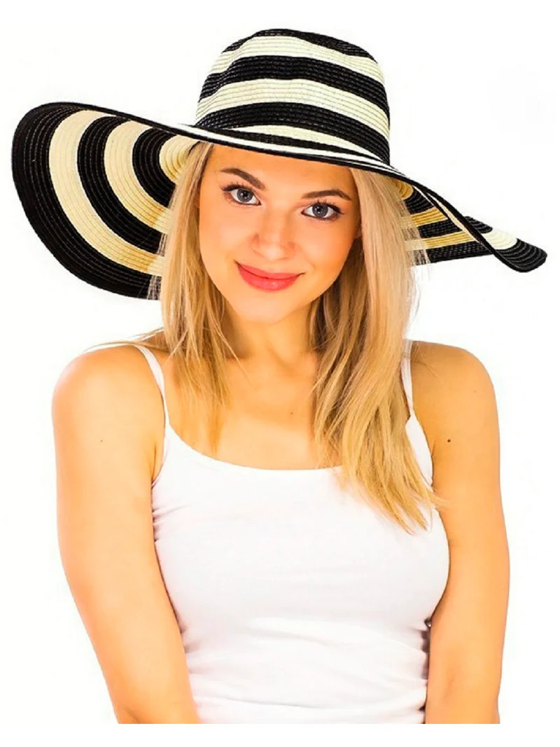 2Chique Boutique Women's Color Block Striped Wide Brim Floppy Toyo Straw Sun Hat Black Beige | Walmart (US)