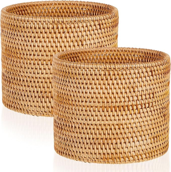 2 Pcs Small Waste Basket for Bathroom Woven Rattan Trash Can Handmade Woven Trash Can Cylinder Ru... | Amazon (US)