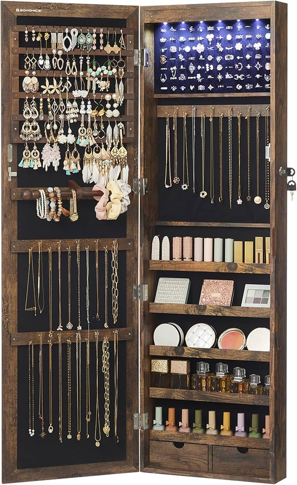 SONGMICS 6 LEDs Mirror Jewelry Cabinet, 47.2-Inch Tall Lockable Wall or Door Mounted Jewelry Armo... | Amazon (US)