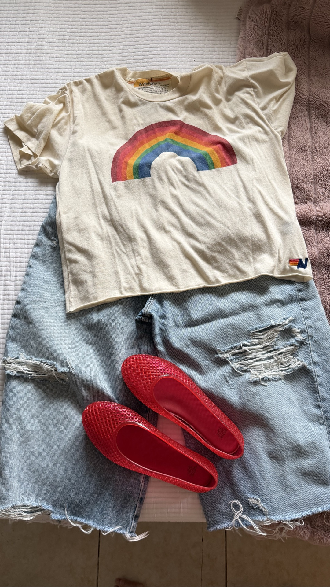 Casual fit: rainbow tee, jorts, & jellies on a rainy day. 🌈☔️🦄

#LTKgrwm #LTKOver40 #LTKMidsize