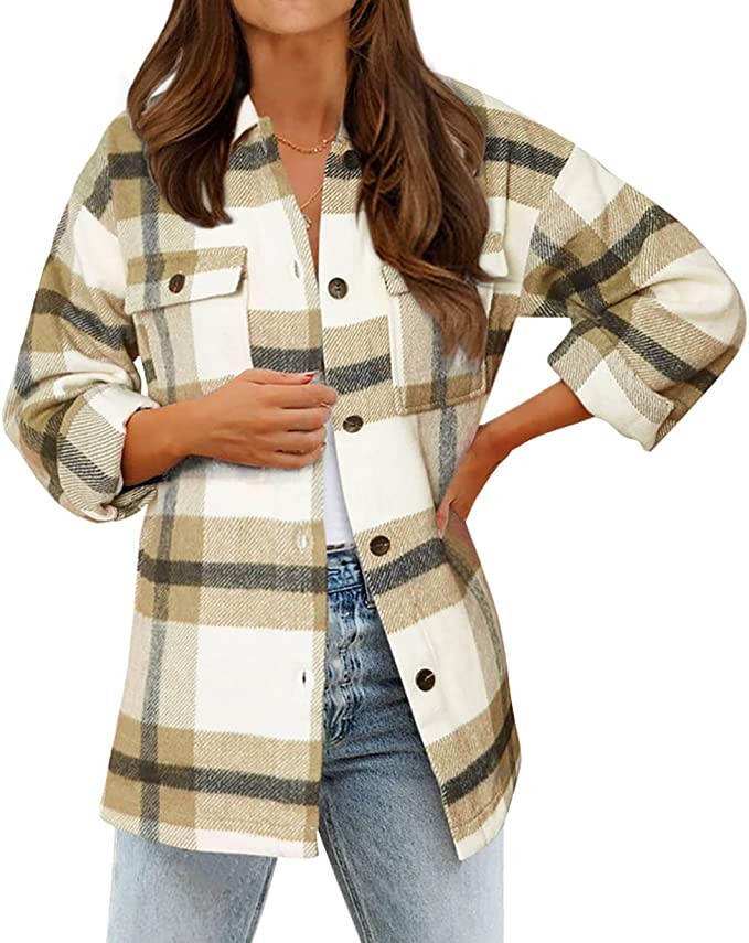 BTFBM Women's Long Sleeve Button Down Jackets Plaid Flannel Shirts Tops Casual Lapel V Neck Overs... | Amazon (US)
