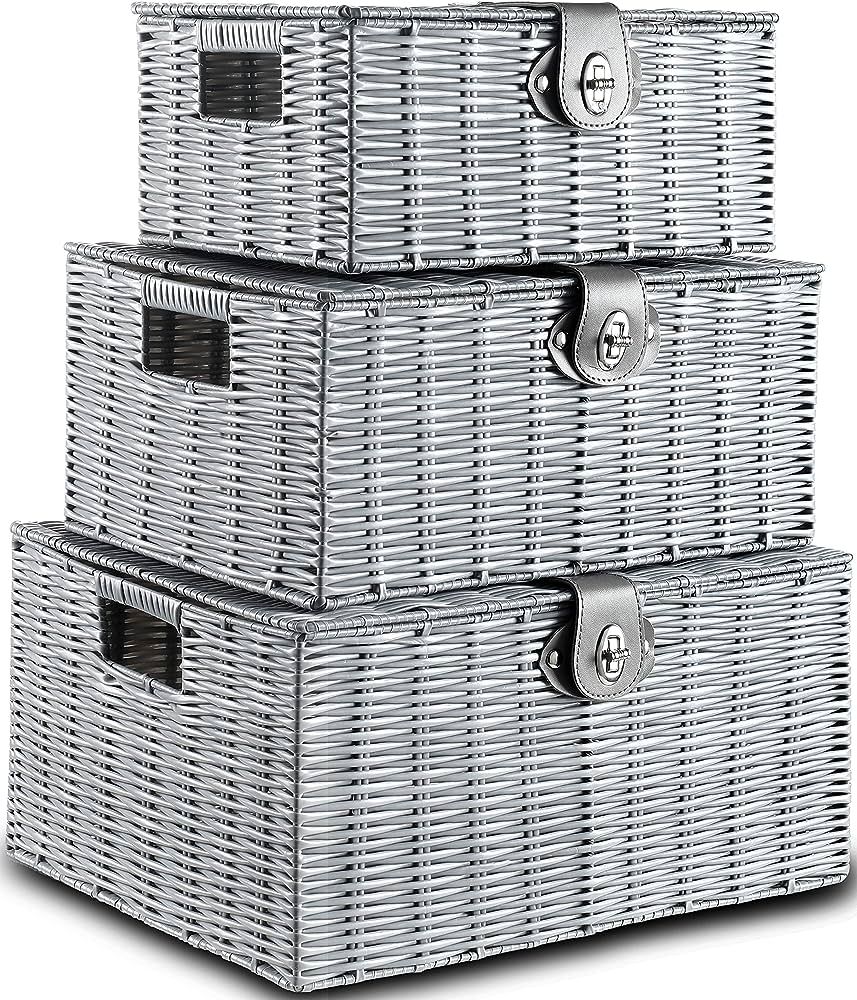 Honygebia Grey Wicker Storage Baskets - Set of 3 Decorative Nesting Boxes with Lids, Woven Basket... | Amazon (US)
