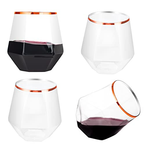 LUODA 32 Pack Rose Gold Diamond Wine Glasses, 12 Oz Stemless Rose Gold Rim Wine Glass, Disposable Clear Plastic Whiskey Glasses For Serving White Wine, Red Wine, Cocktail, Whiskey | Amazon (US)