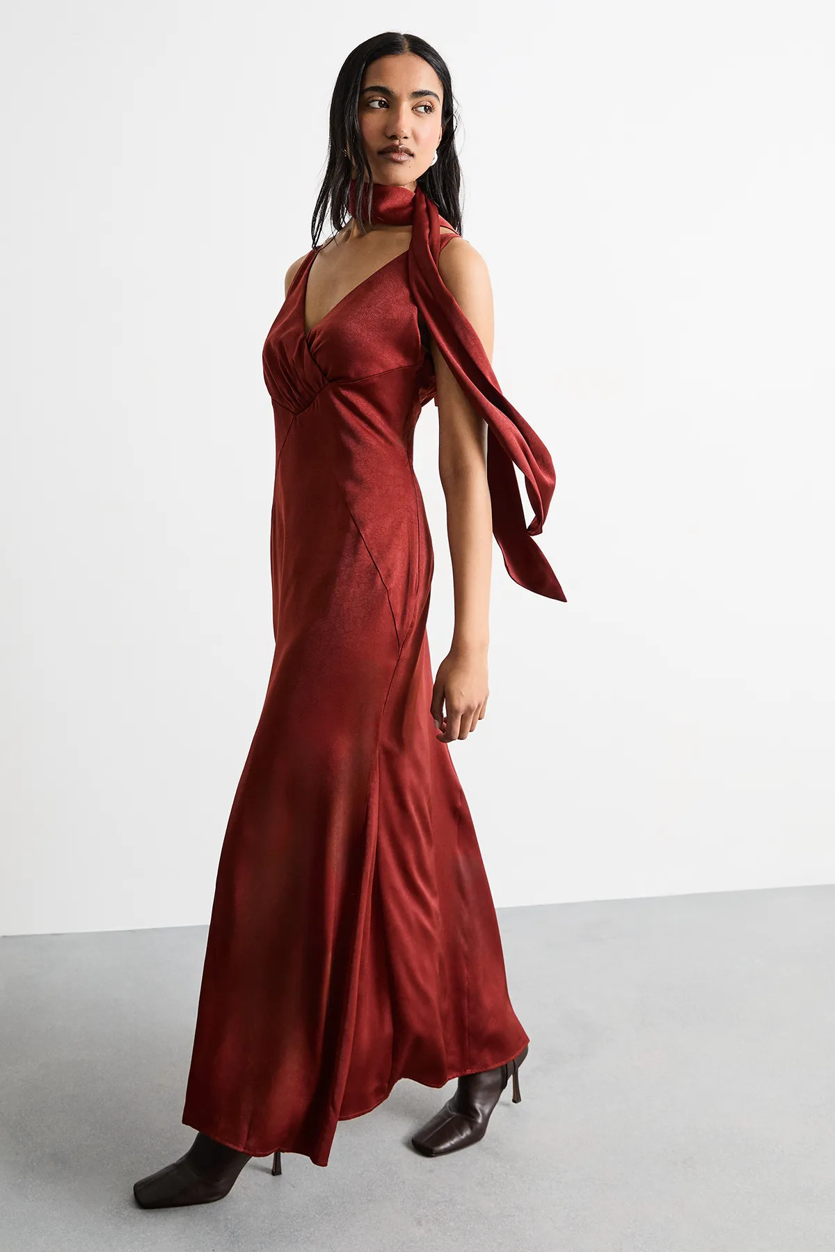 Rust Warehouse Plain Scarf Detail Tie Neck Maxi Dress | Karen Millen | Karen Millen UK + IE + DE + NL