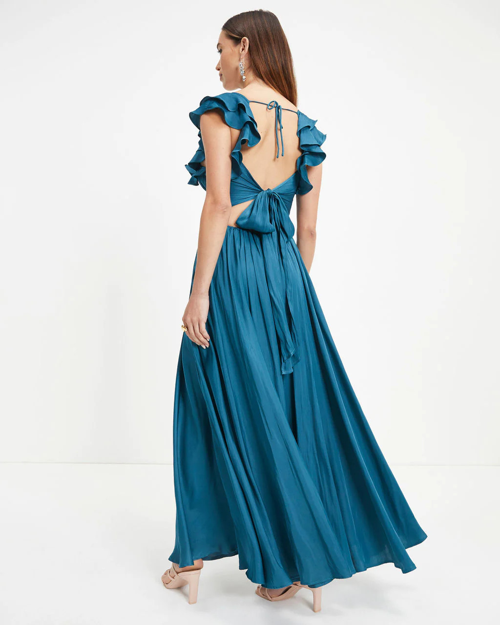 First Class Satin Ruffle Cutout Maxi Dress - Dark Teal - FINAL SALE | VICI