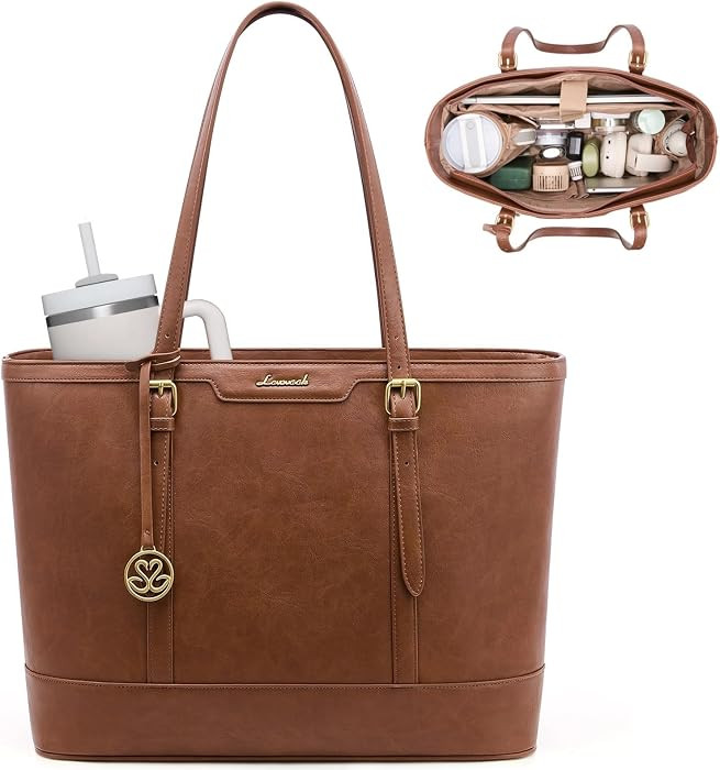 LOVEVOOK Laptop Bag for Women, 17.3 Inch Large Work Tote Bag with 40oz Cup Holder, Waterproof PU ... | Amazon (US)