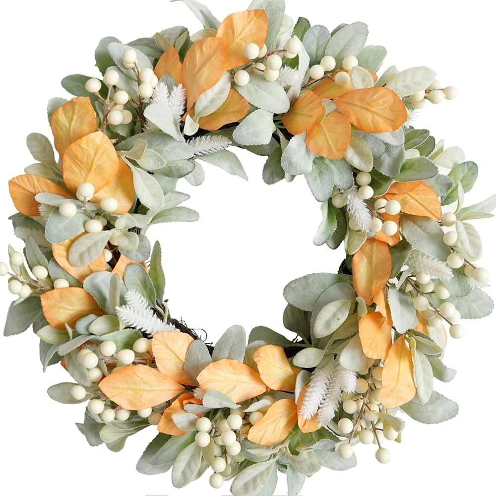 Idyllic Fall Wreath 18 Inches, Autumn Wreath with Lambs Ear Leaves and Berries for Front Door Out... | Amazon (US)