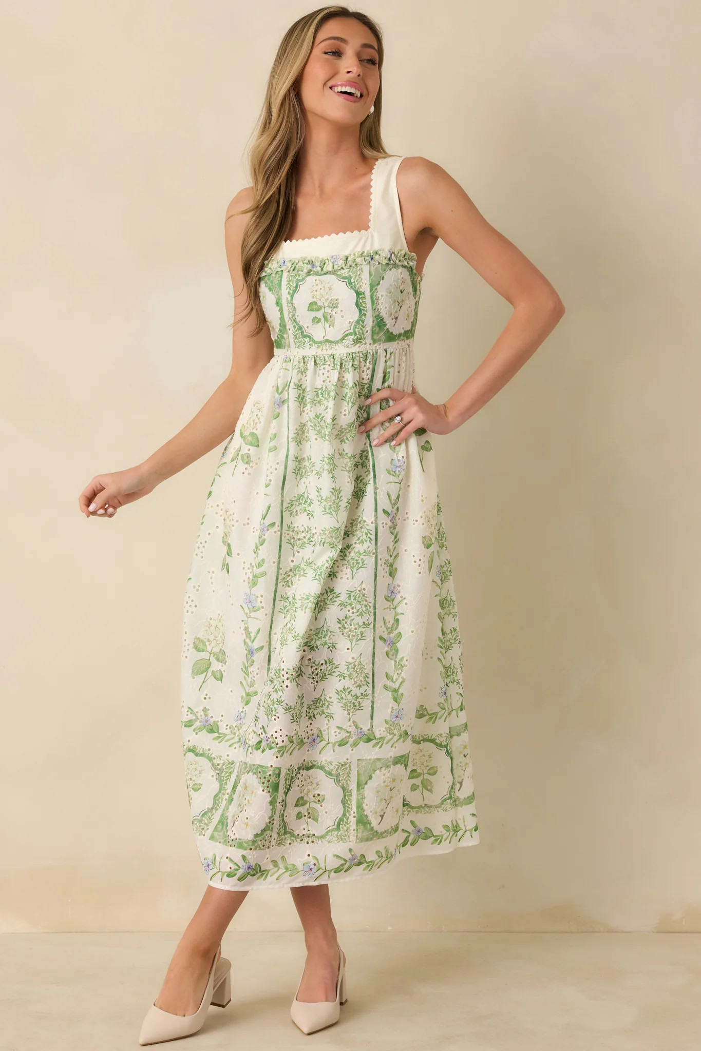 Spring Forward Ivory & Green Floral Eyelet Sleeveless Maxi Dress | Red Dress