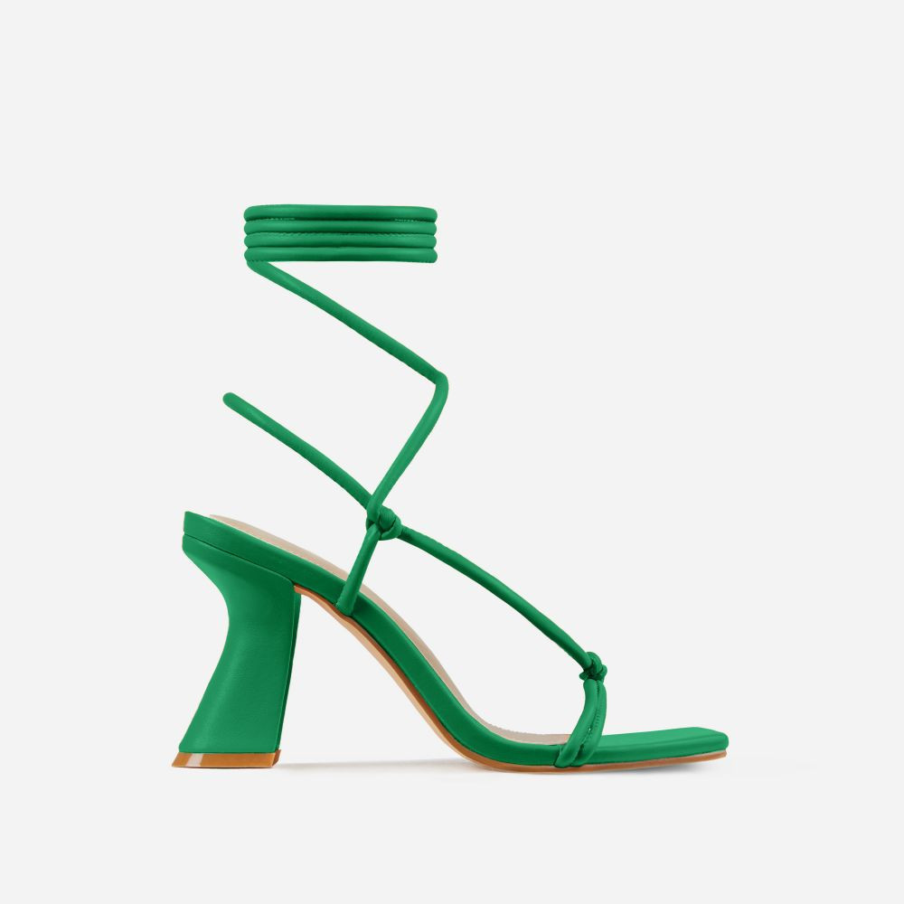 Harmony Knotted Detail Lace Up Square Toe Curved Low Block Heel In Green Faux Leather | EGO Shoes (US & Canada)